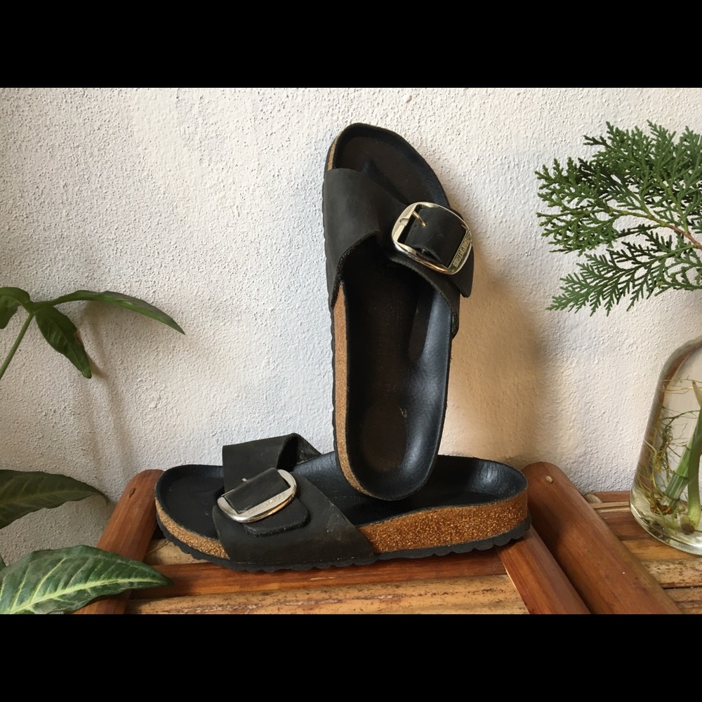 Birkenstock Black Cork Footbed Slide Sandals with Buckle